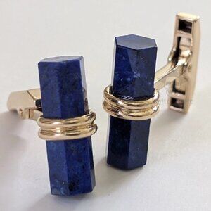 Vintage 14K Yellow Gold & Natural Lapis "Hexagon Cylinder" Bar Cufflinks